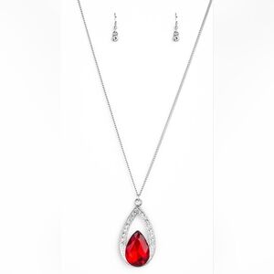 Elegant Silver and Red Teardrop Necklace Set